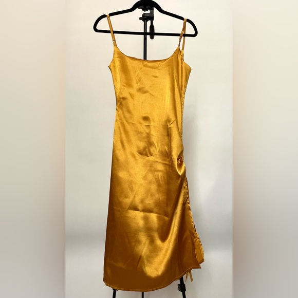 Mustard Midi Spaghetti Strap Bodycon Drawstring Ruched Side Slit Dress| Small - Picture 9 of 11